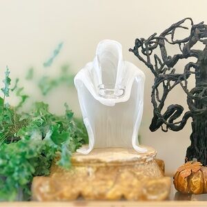 NEW Homegoods White Striated Hand Blown  Glass Hooded Ghost Candle Holder
